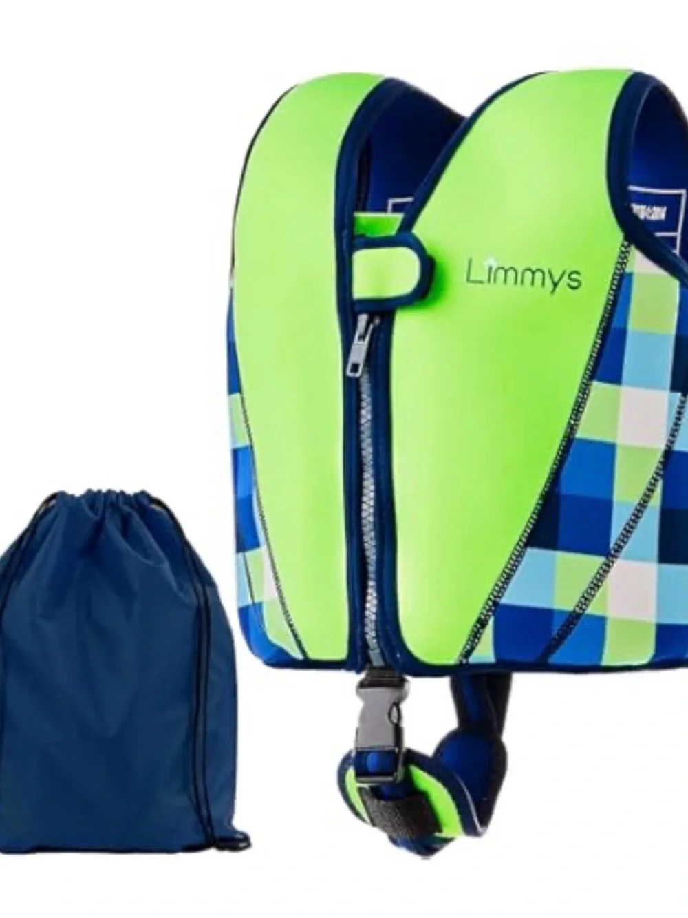 Kids Swim Vest in Neon Green & Blue Plaid Limmy’s